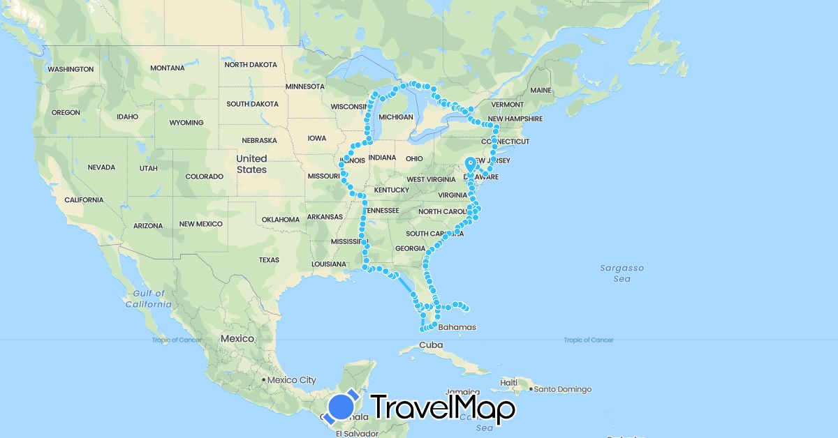 TravelMap itinerary: boat in Bahamas, Canada, United States (North America)